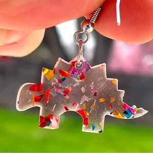 RAWR Dinosaur stegosaurus drop earrings acrylic dino confetti glitter gift